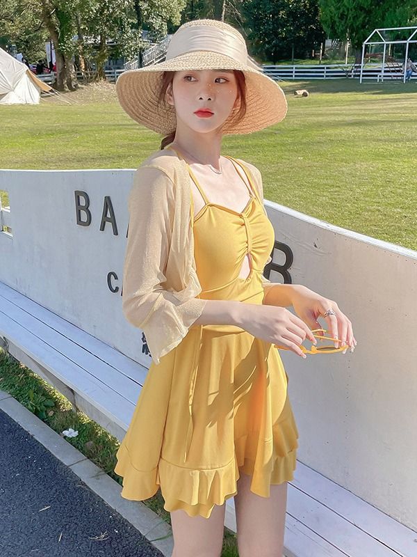 2025 new ins style swimsuit women's two-piece one-piece skirt style slimming and belly covering conservative hot spring swimming suit