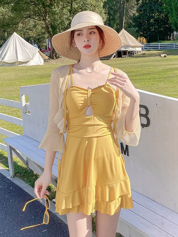 2025 new ins style swimsuit women's two-piece one-piece skirt style slimming and belly covering conservative hot spring swimming suit