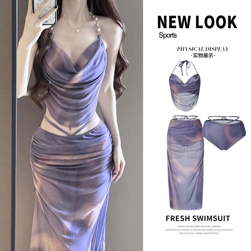 Hot girl bikini swimsuit, women's three piece beach vacation long dress, small chest gathering, steel support, sexy hot spring swimsuit