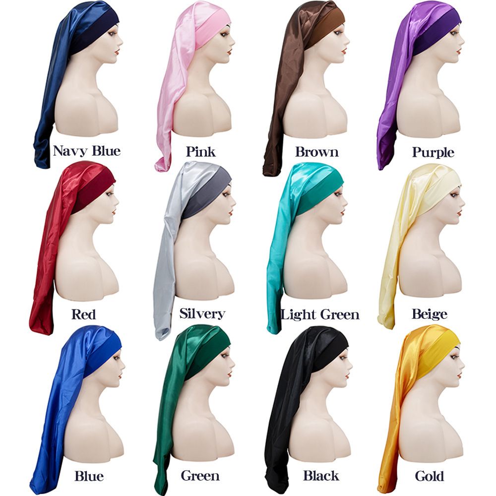 Cross border Amazon hot selling solid color polyester women's long tube sleeping cap with wide edge elastic hair care and shower cap factory direct sales
