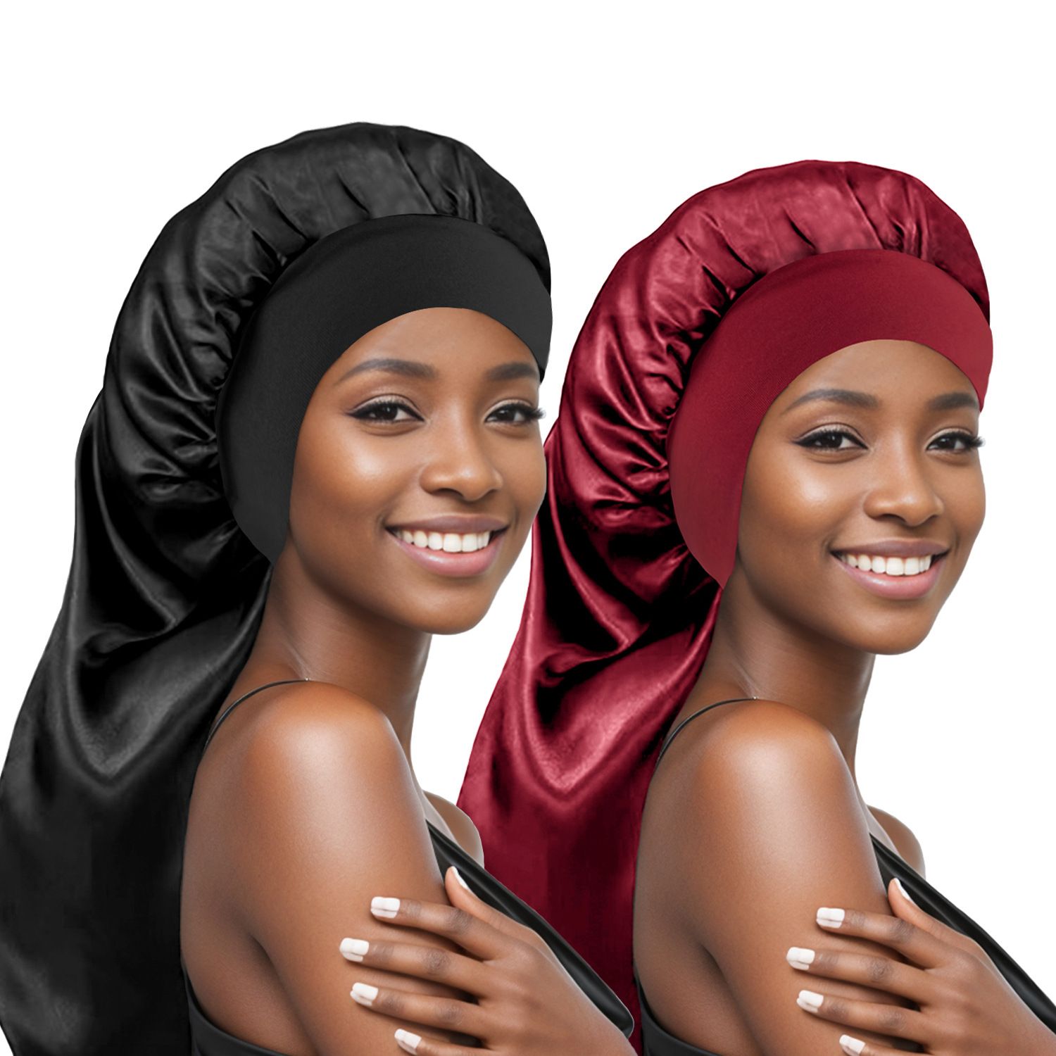 Cross border Amazon hot selling solid color polyester women's long tube sleeping cap with wide edge elastic hair care and shower cap factory direct sales