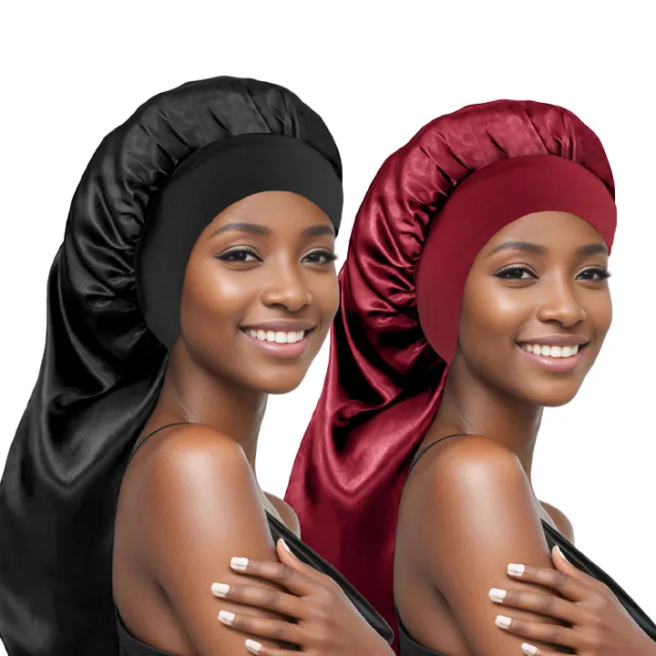 Cross border Amazon hot selling solid color polyester women's long tube sleeping cap with wide edge elastic hair care and shower cap factory direct sales