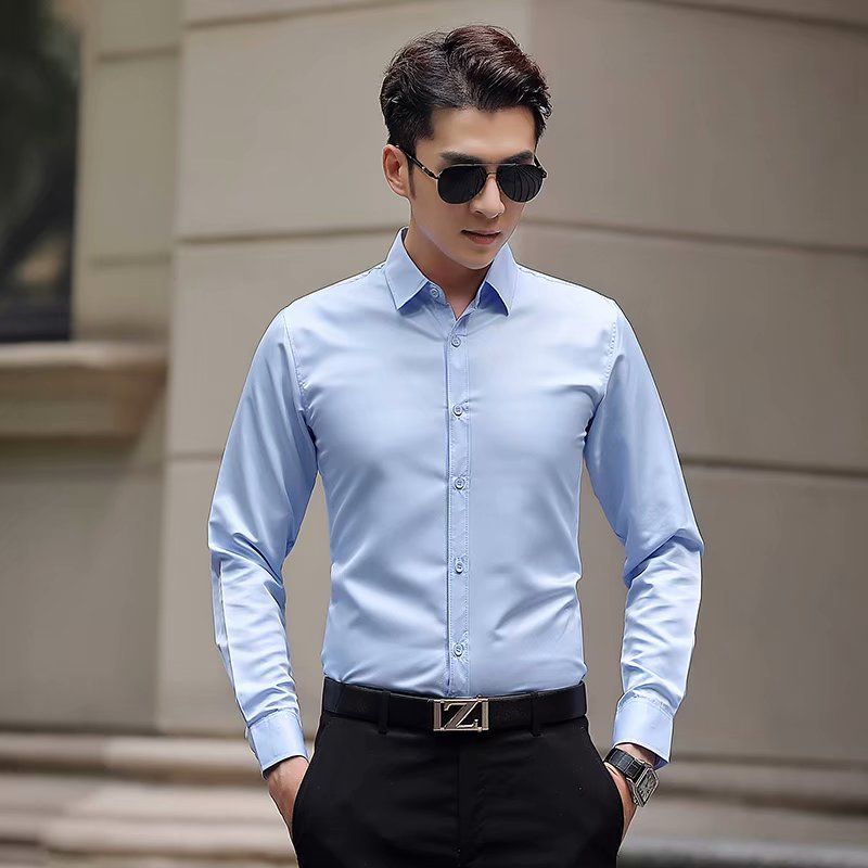 White shirt men's long sleeved slim fit no iron solid color professional business formal wear work white men's suit shirt