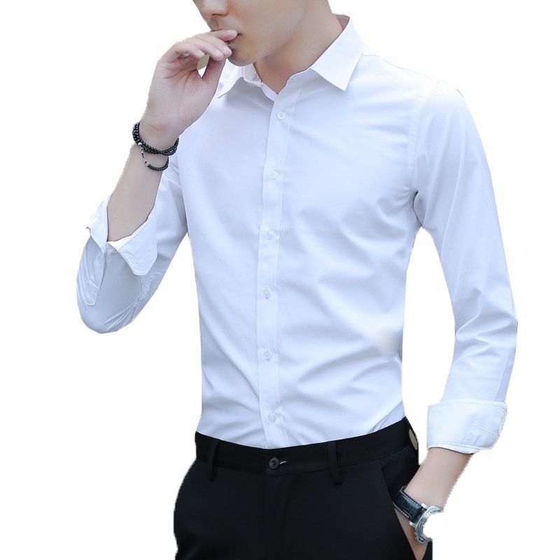 White shirt men's long sleeved slim fit no iron solid color professional business formal wear work white men's suit shirt