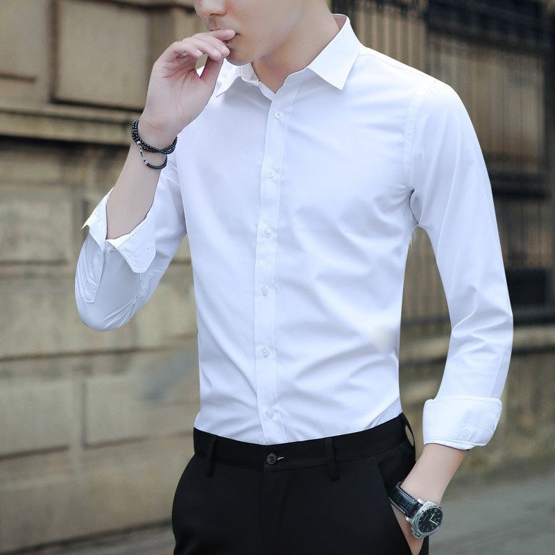 White shirt men's long sleeved slim fit no iron solid color professional business formal wear work white men's suit shirt