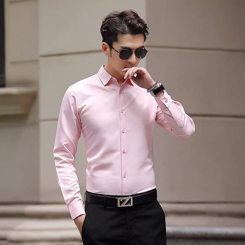White shirt men's long sleeved slim fit no iron solid color professional business formal wear work white men's suit shirt