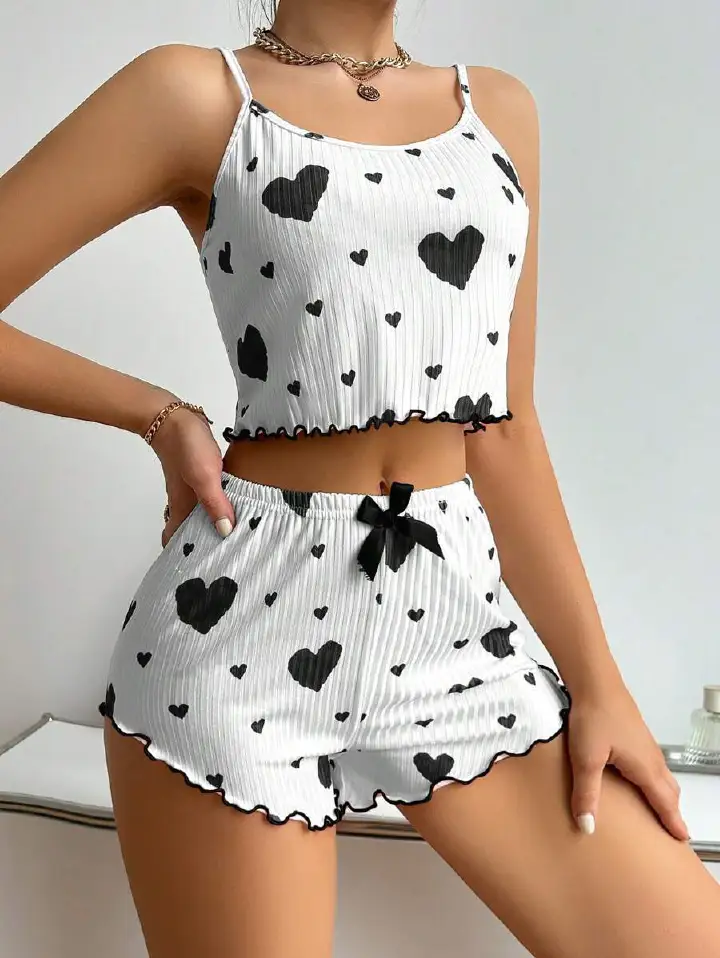 2025 New Summer European and American Style Women's Pure and Seductive Pajamas with Knitted Ribbed Pattern, Heart Prints and a Stylish Design, Including a Sweet Sling Top and Shorts Red S