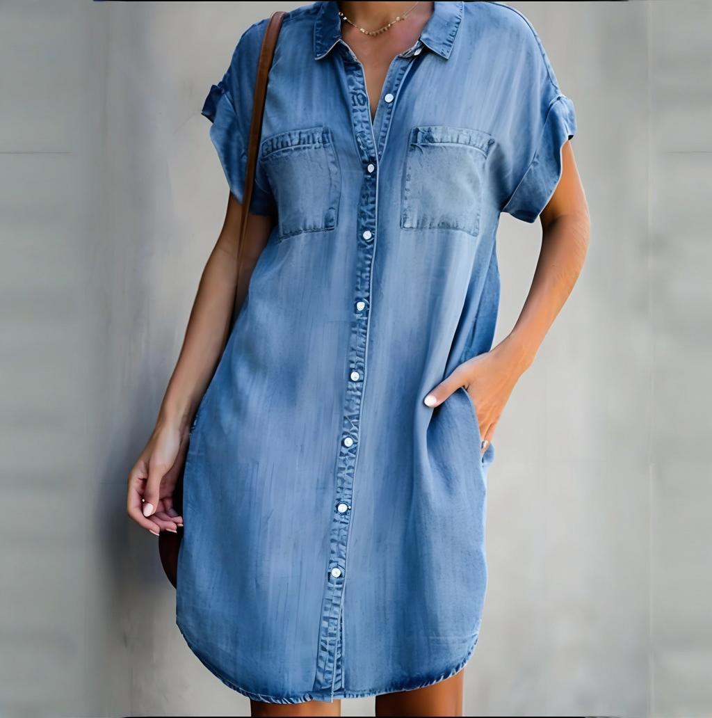 Summer new women's lapel short sleeved slim fit dress, single breasted denim skirt, short skirt blue S