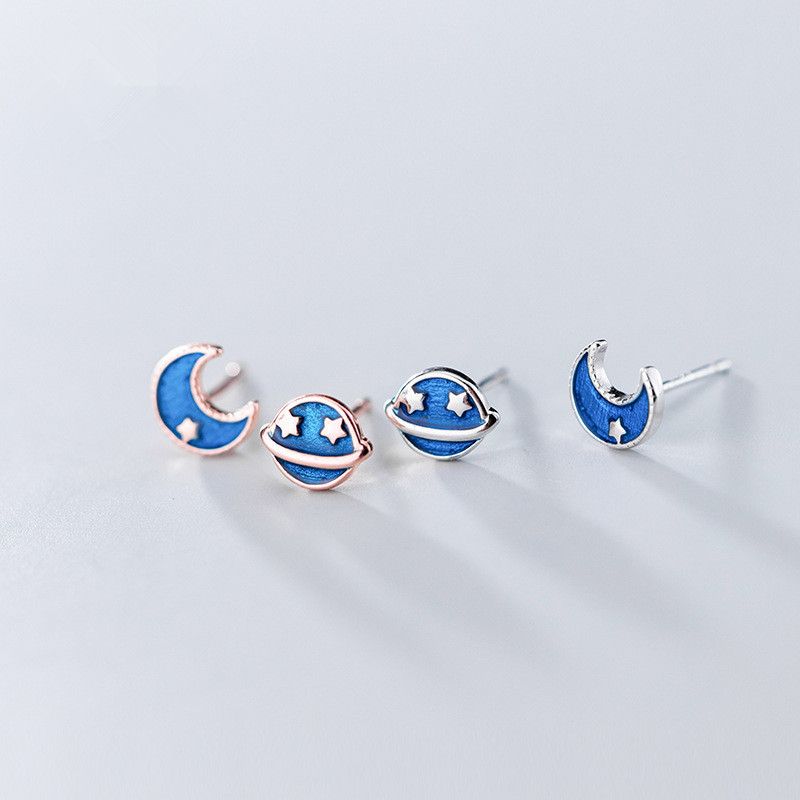 Hypoallergenic 925 Sterling Silver Stud Earrings | S925 Silver Planet Universe Earrings | Women's Korean Style Asymmetric Drip Gel Star Moon Earrings | Fashion Ear Accessories