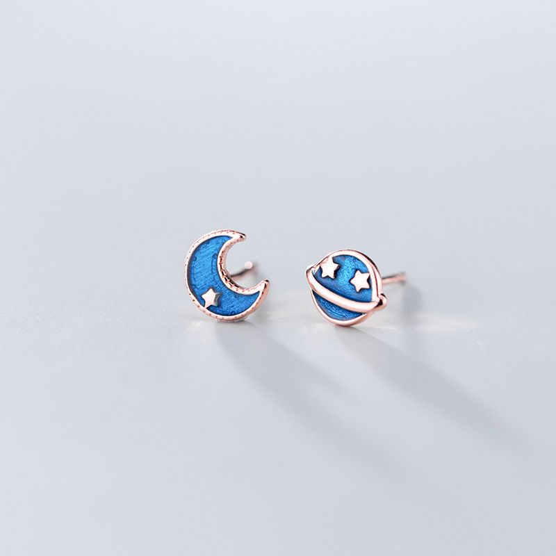 Hypoallergenic 925 Sterling Silver Stud Earrings | S925 Silver Planet Universe Earrings | Women's Korean Style Asymmetric Drip Gel Star Moon Earrings | Fashion Ear Accessories