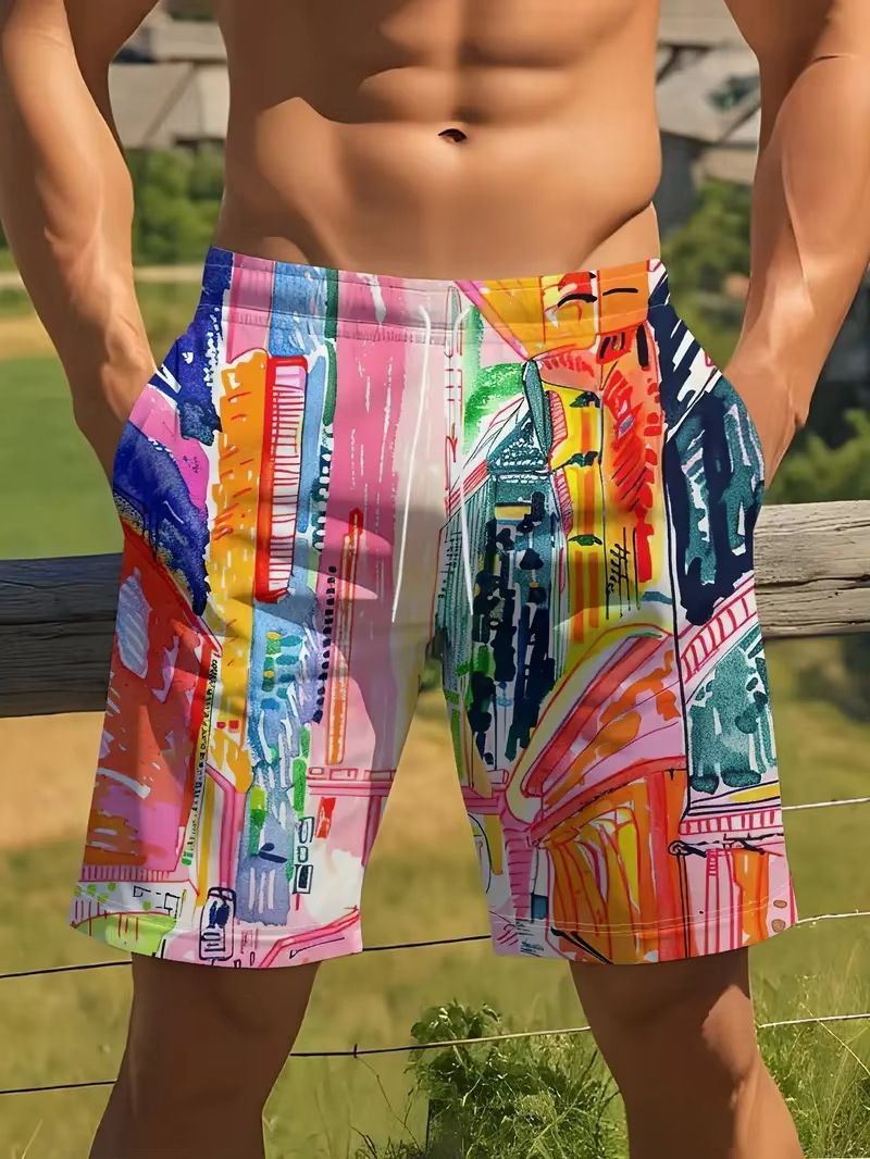 AliExpress Amazon Cross border Trade 2025 New Casual Versatile Color Printed Men's Casual Shorts