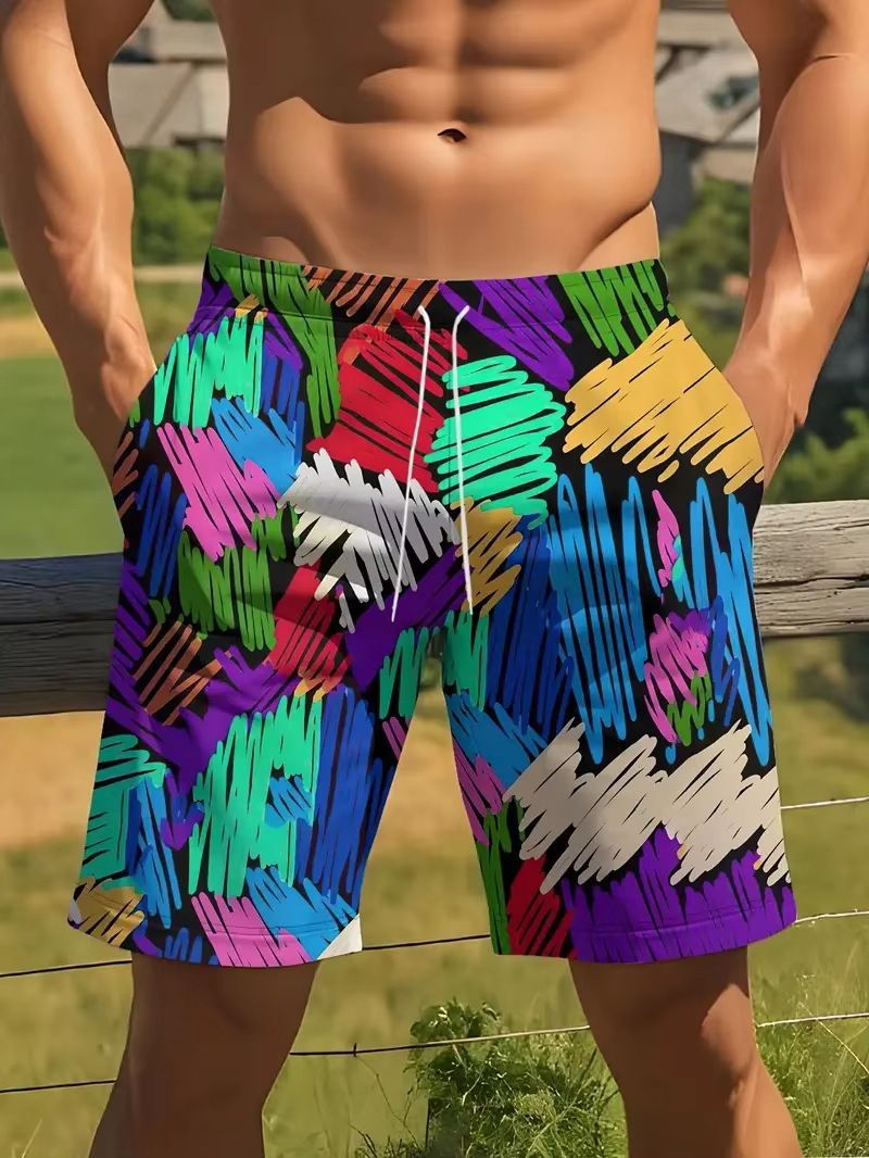 AliExpress Amazon Cross border Trade 2025 New Casual Versatile Color Printed Men's Casual Shorts