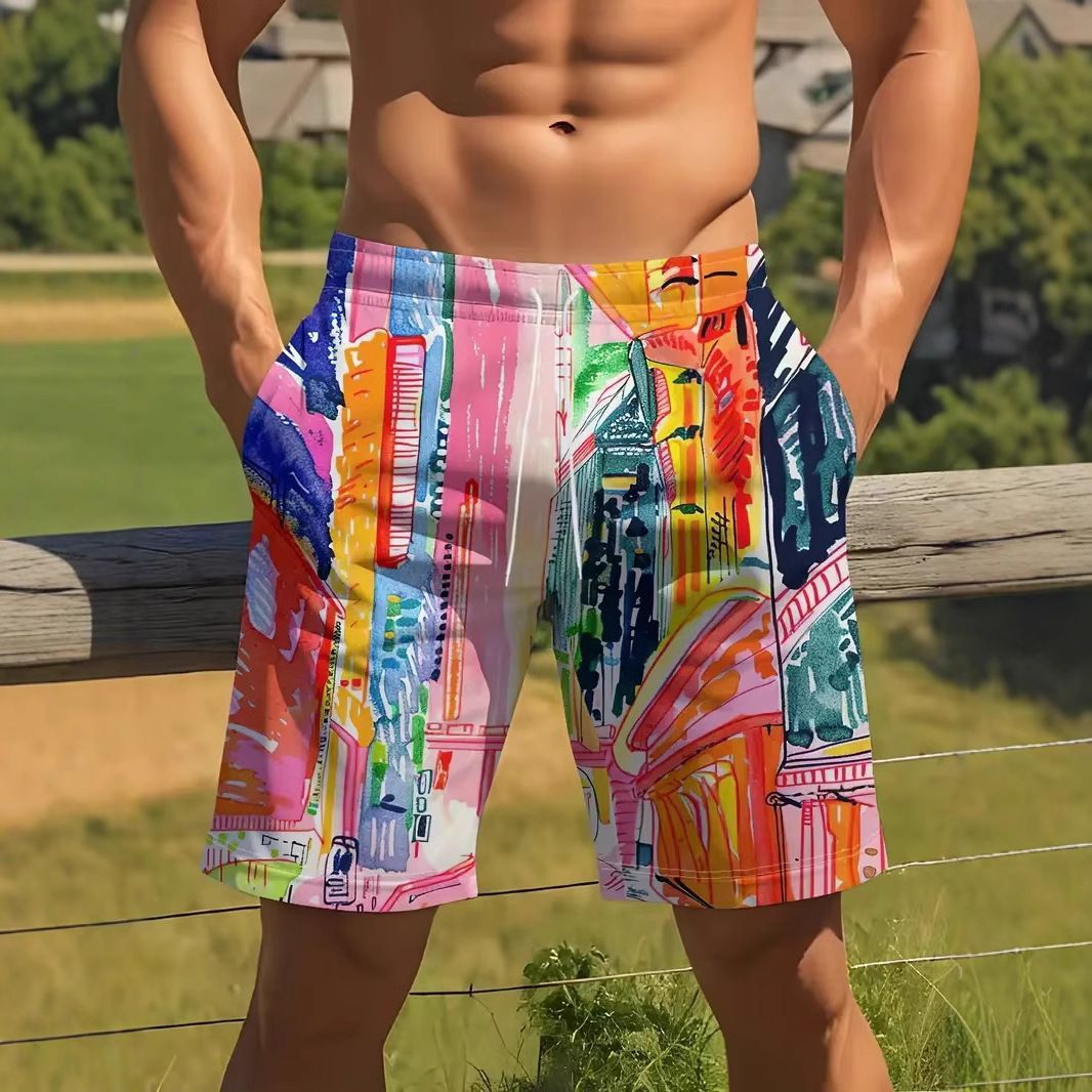 AliExpress Amazon Cross border Trade 2025 New Casual Versatile Color Printed Men's Casual Shorts