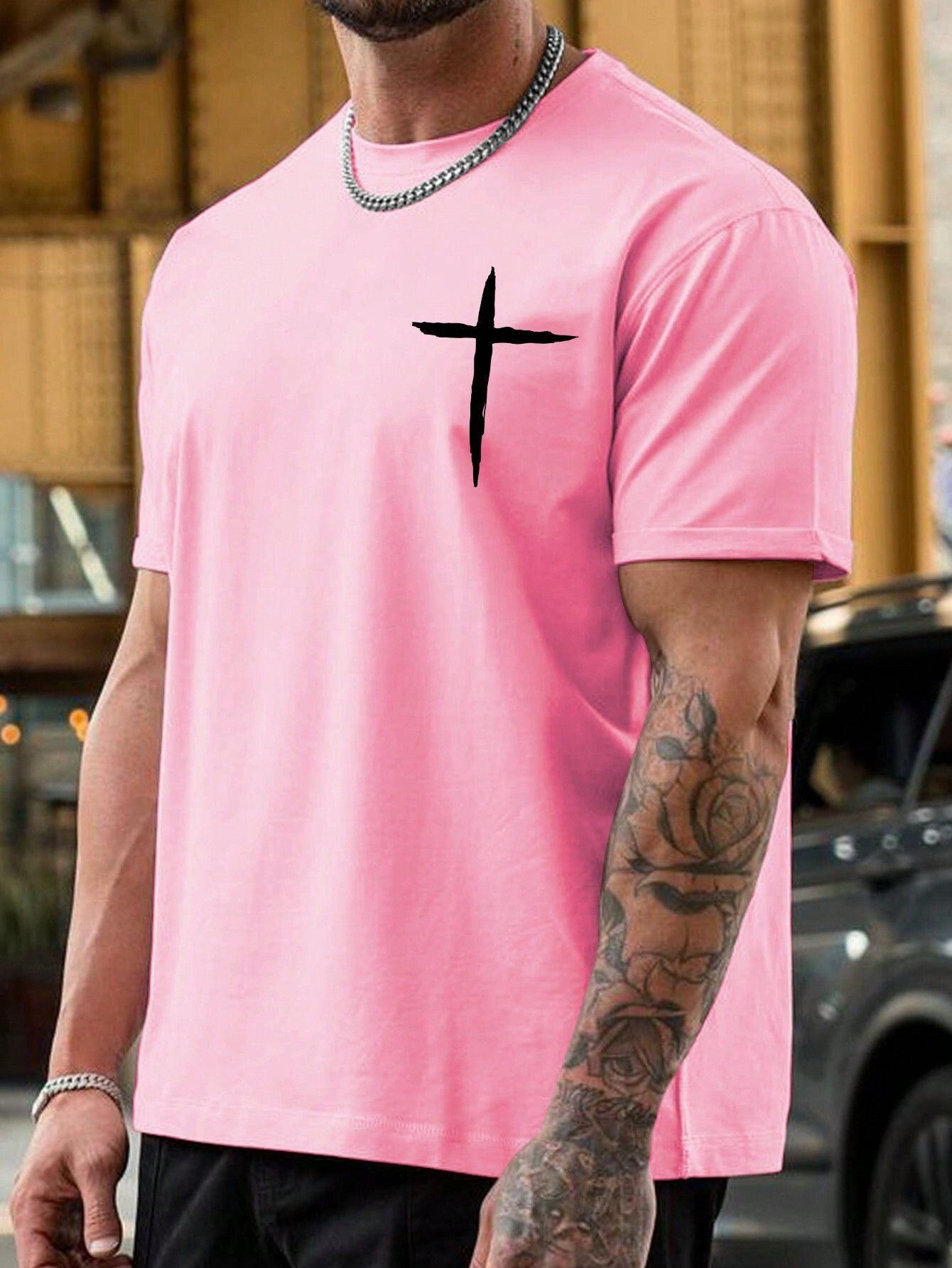 Men's casual short sleeved T-shirt loose round neck 3D digital printed rose minimalist pullover top cross-border summer