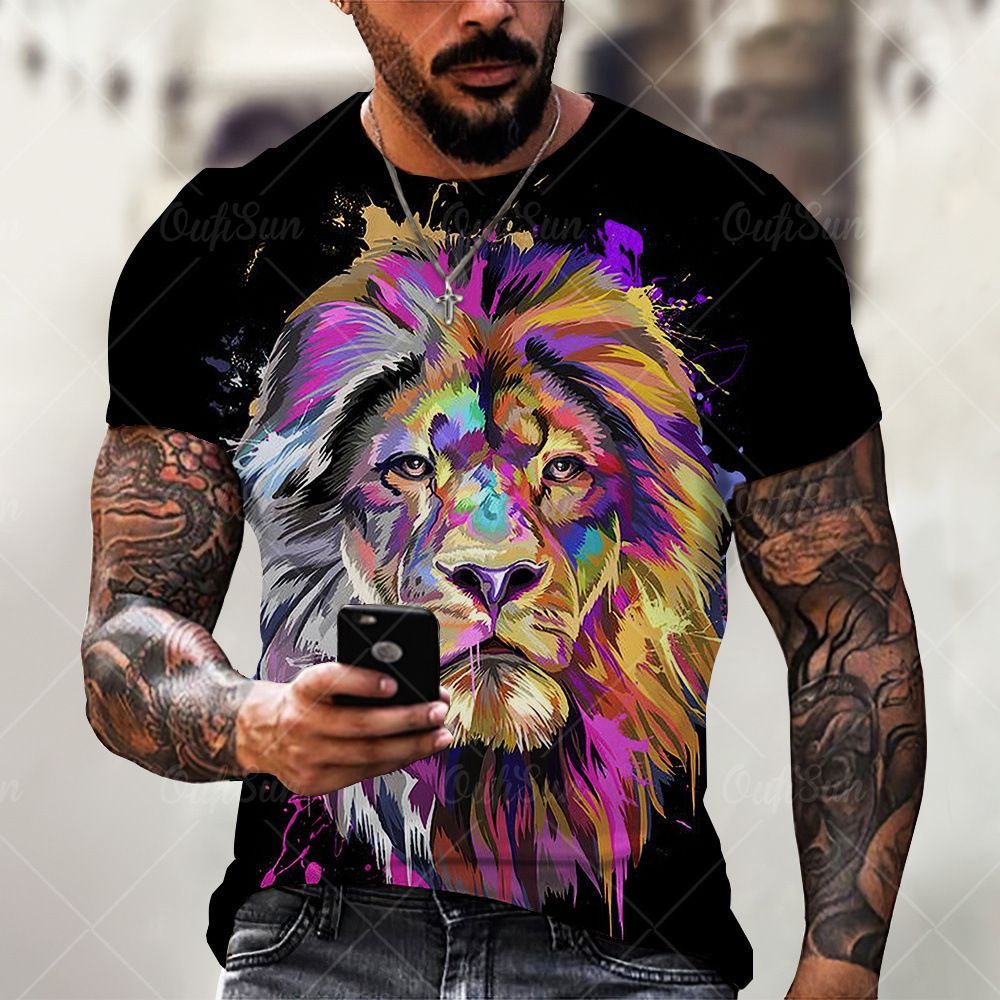 Summer cross-border T-shirt fashion new animal lion graffiti painted printed children's clothing trend short sleeved sports 3D T-shirt