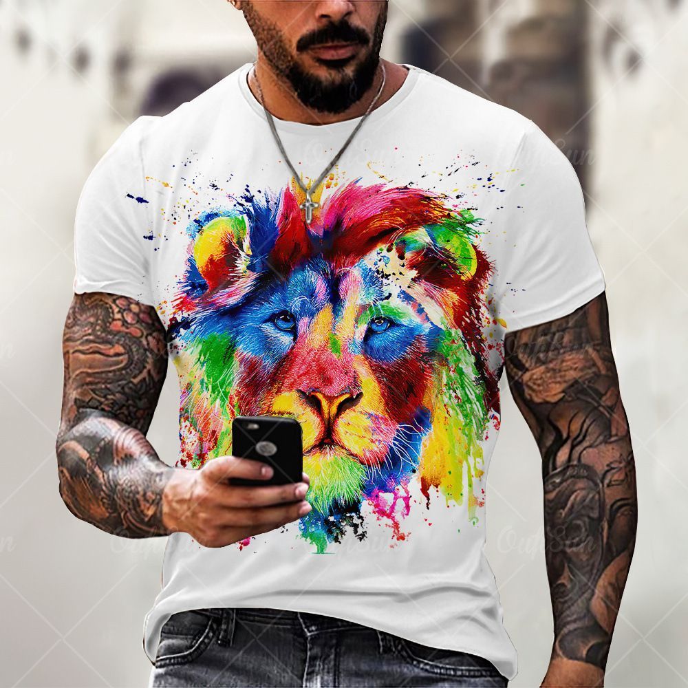 Summer cross-border T-shirt fashion new animal lion graffiti painted printed children's clothing trend short sleeved sports 3D T-shirt