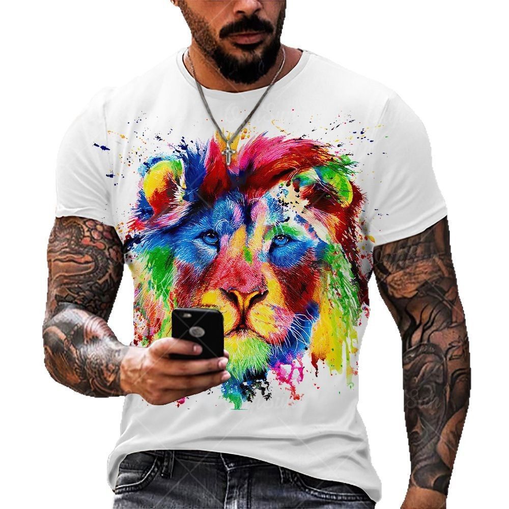 Summer cross-border T-shirt fashion new animal lion graffiti painted printed children's clothing trend short sleeved sports 3D T-shirt