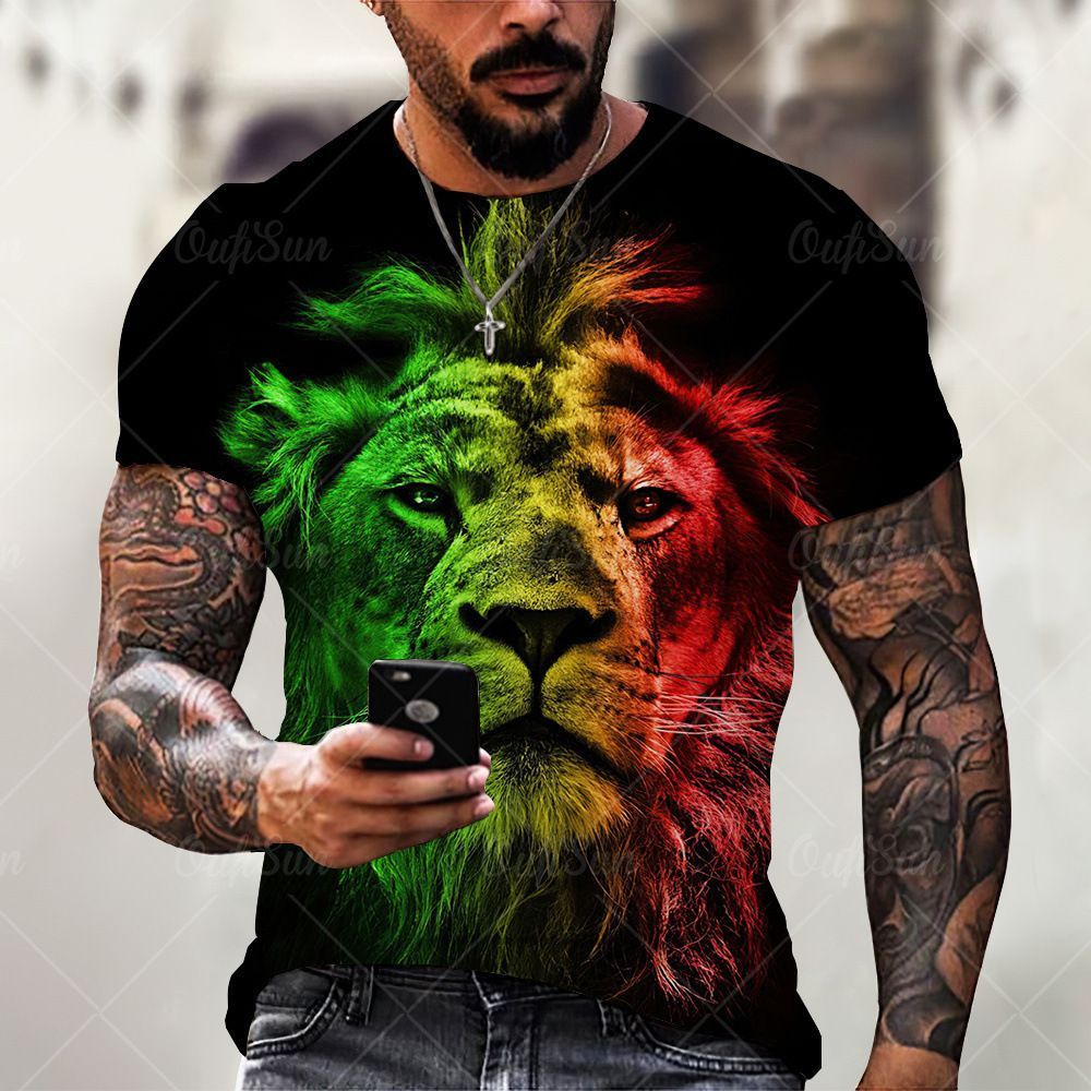 Summer cross-border T-shirt fashion new animal lion graffiti painted printed children's clothing trend short sleeved sports 3D T-shirt