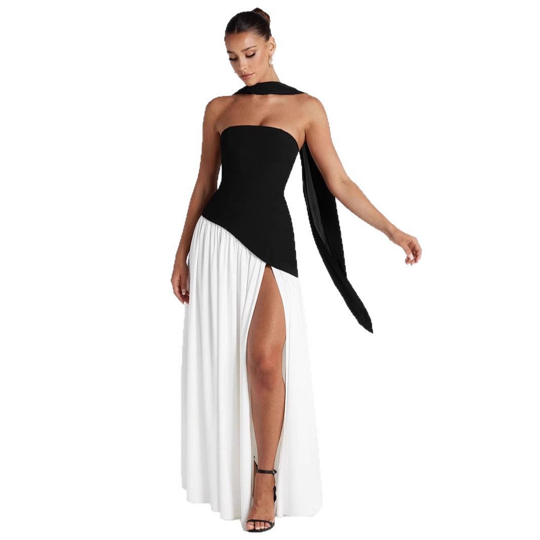 Cross border summer new European and American women's black and white contrasting scarf temperament sexy off shoulder split dress wholesale
