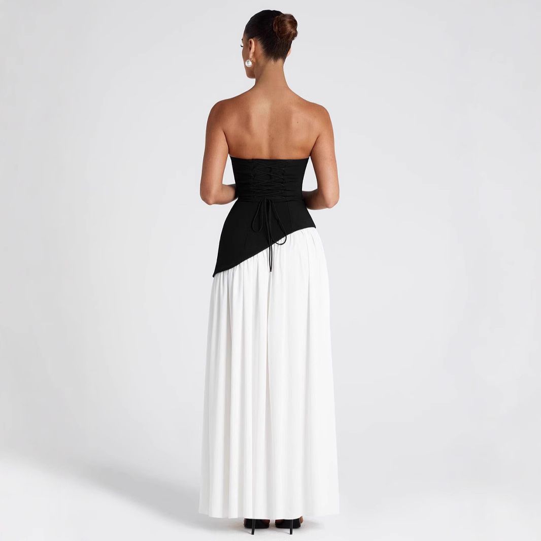 Cross border summer new European and American women's black and white contrasting scarf temperament sexy off shoulder split dress wholesale