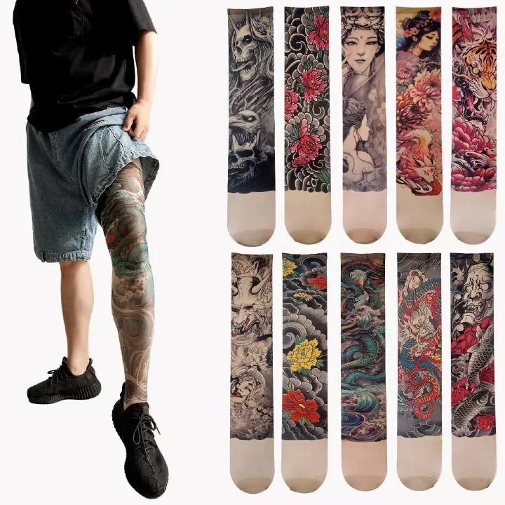 2*Sets 360 ° digital printed leg tattoo single tube stockings trendy summer thin cut anti hook stockings