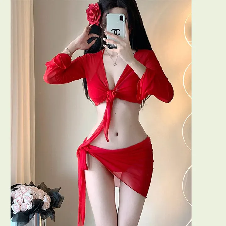 Hot selling bikini swimsuit women's four piece set sexy pure desire to show off white hot girls soaking in hot springs vacation sunscreen swimming clothes and skirts