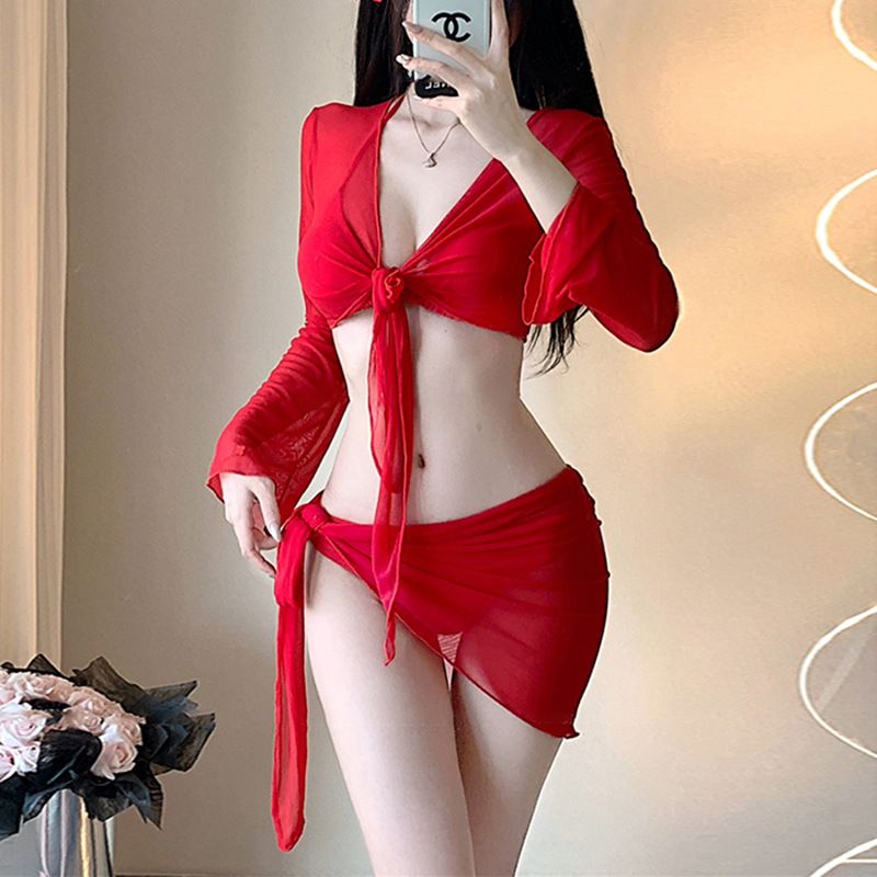 Hot selling bikini swimsuit women's four piece set sexy pure desire to show off white hot girls soaking in hot springs vacation sunscreen swimming clothes and skirts