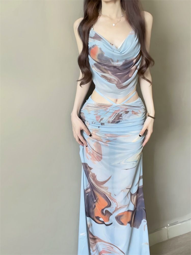 Hot girl bikini swimsuit, women's three piece beach vacation long dress, small chest gathering, steel support, sexy hot spring swimsuit