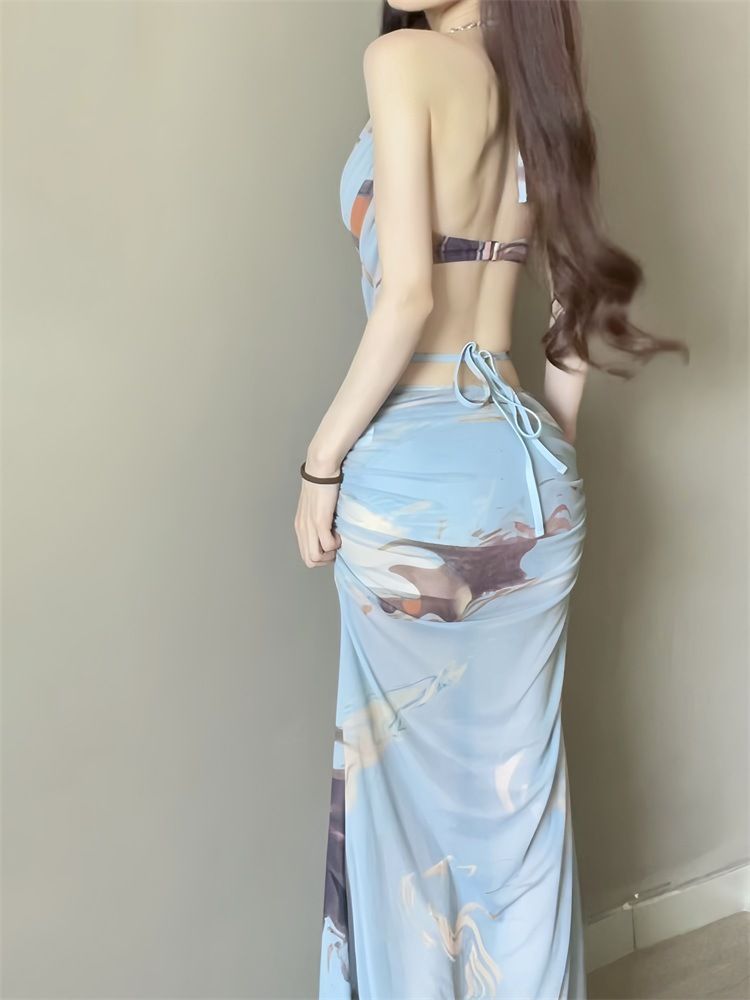 Hot girl bikini swimsuit, women's three piece beach vacation long dress, small chest gathering, steel support, sexy hot spring swimsuit