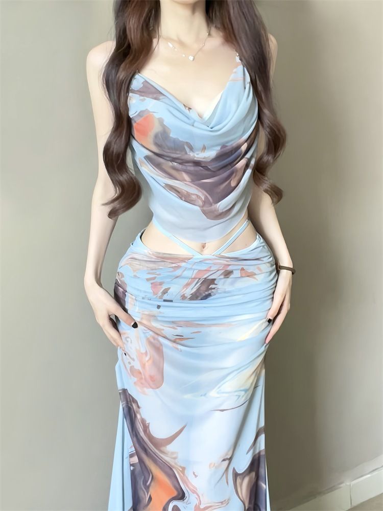 Hot girl bikini swimsuit, women's three piece beach vacation long dress, small chest gathering, steel support, sexy hot spring swimsuit
