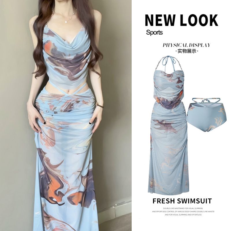 Hot girl bikini swimsuit, women's three piece beach vacation long dress, small chest gathering, steel support, sexy hot spring swimsuit