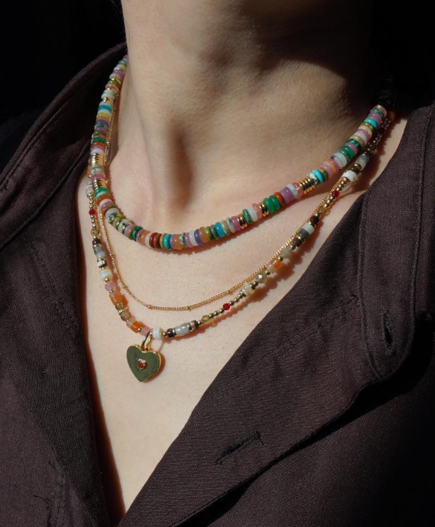 Boho Beaded Choker Necklace for Women, Gemstone Choker Natural Stone Freshwater Pearl Surfer Necklaces 18K Gold Plated Summer Beach Handmade Jewelry Rainbow One size