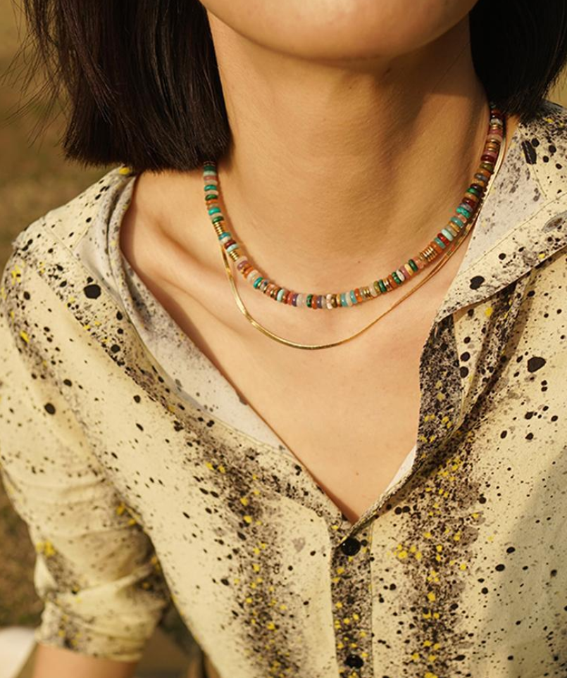 Boho Beaded Choker Necklace for Women, Gemstone Choker Natural Stone Freshwater Pearl Surfer Necklaces 18K Gold Plated Summer Beach Handmade Jewelry Rainbow One size