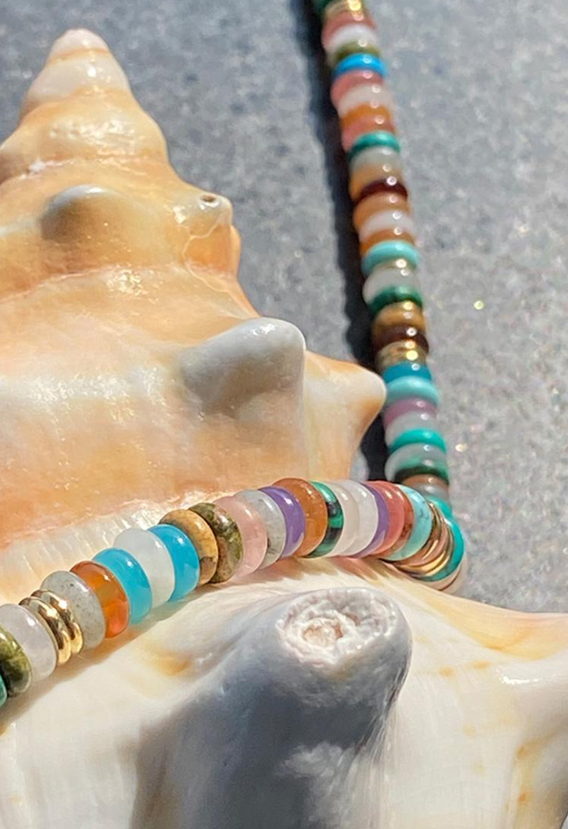 Boho Beaded Choker Necklace for Women, Gemstone Choker Natural Stone Freshwater Pearl Surfer Necklaces 18K Gold Plated Summer Beach Handmade Jewelry Rainbow One size