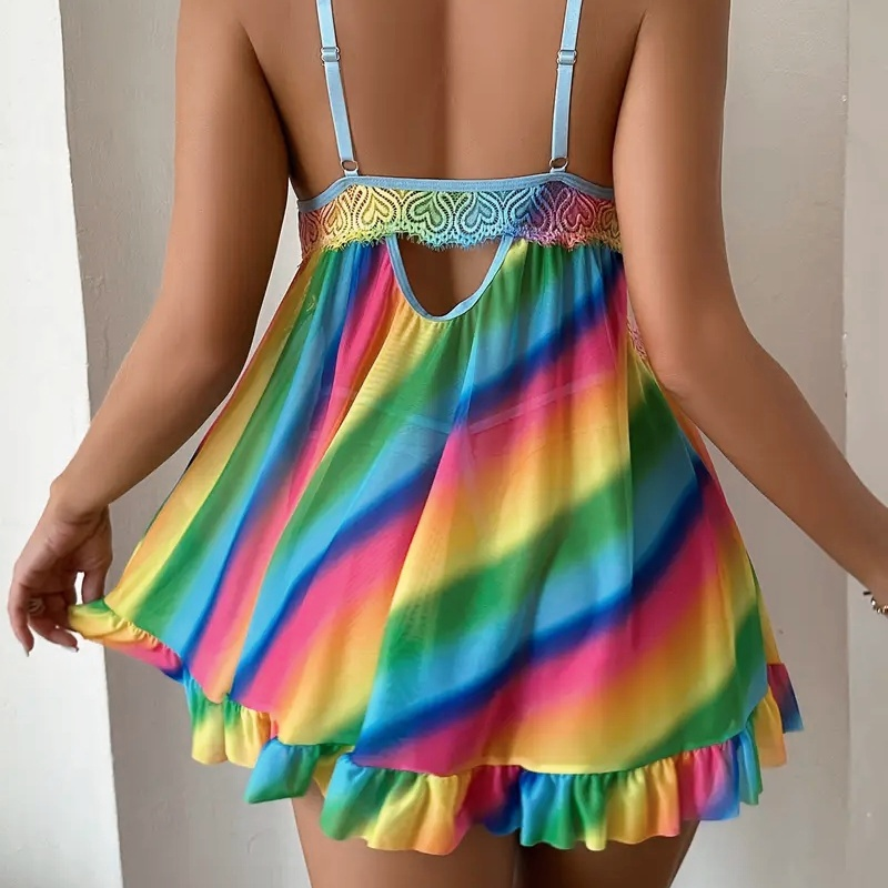 1pc Elegant Rainbow Ombre Lace Mesh Splicing Front Buckle Strap Slip Dress Set with Thong, Knit Polyester Fabric, Light Support, Mid Rise, No Padding - Women'S Sexy Lingerie Color 1 S