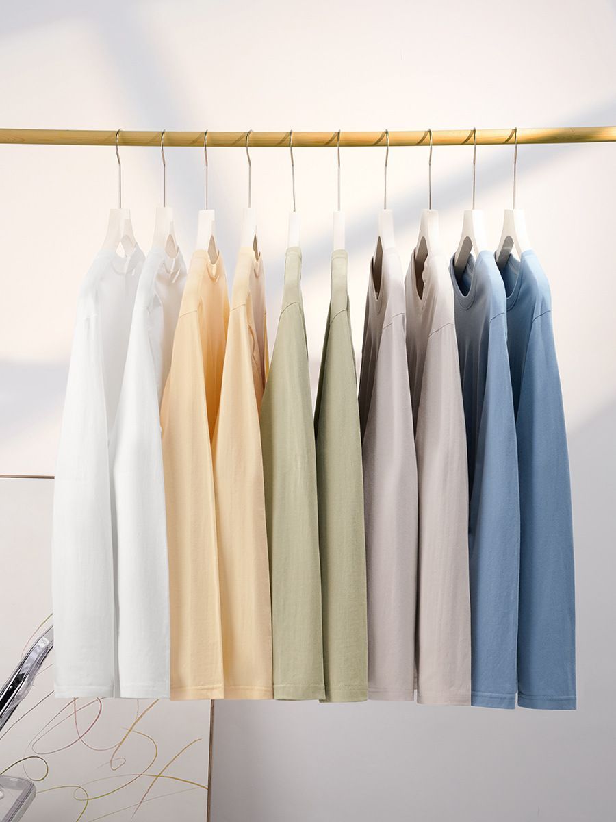 230g Simple Interior Undercover Women's Autumn Long Sleeve Pure Cotton Shoulder T-shirt Men's Round Neck Solid Color Couple Clothes Wholesale White S