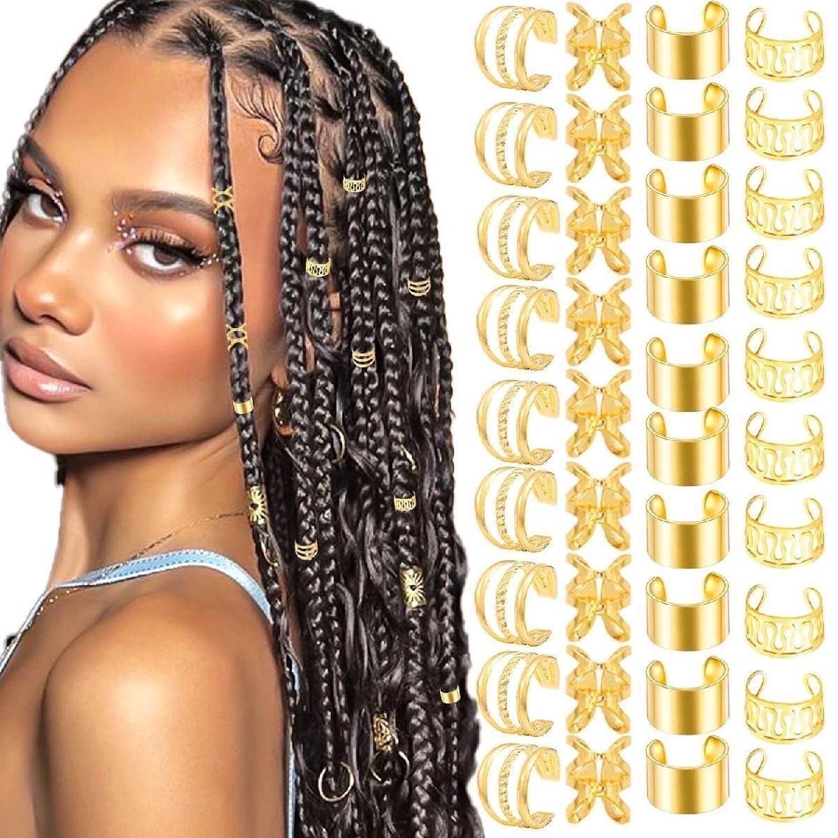 50 pieces of golden Dreadlock Locs hair accessories, suitable for women and girls' braid hair rings, adjustable cuff braided hair ring decoration gold as picture