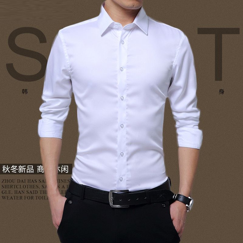 wholesale Youth Korean version of the tide Slim men's white shirt new men's long-sleeved shirt solid color free hot shirt White S