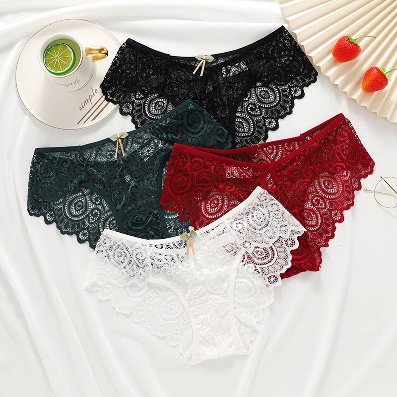 Hot selling high-end lace and lace women's triangle pants with water droplets, sexy mid waist women's underwear, plus size, Amazon foreign trade