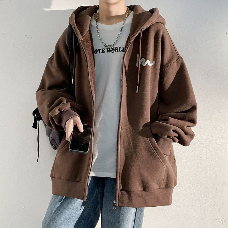 Creative American heavy weight student cardigan sweater men's autumn and winter new hooded jacket coat loose trend simple