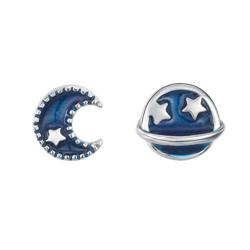 Hypoallergenic 925 Sterling Silver Stud Earrings | S925 Silver Planet Universe Earrings | Women's Korean Style Asymmetric Drip Gel Star Moon Earrings | Fashion Ear Accessories