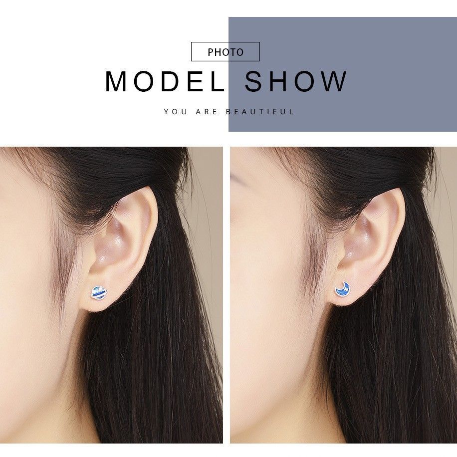 Hypoallergenic 925 Sterling Silver Stud Earrings | S925 Silver Planet Universe Earrings | Women's Korean Style Asymmetric Drip Gel Star Moon Earrings | Fashion Ear Accessories