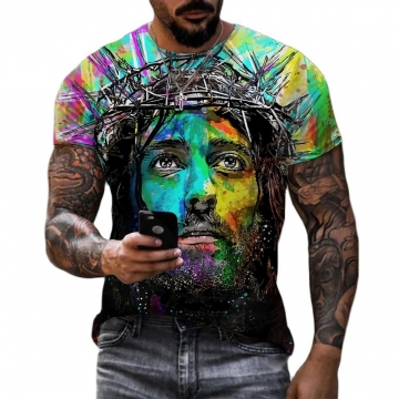 Graffiti Portrait 3D Print Men's Retro Street Short Sleeve Crew Neck T-shirt, Spring Fall 01 S