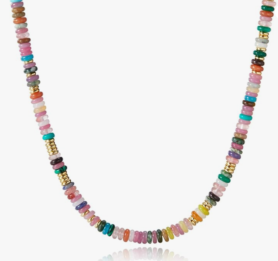 Boho Beaded Choker Necklace for Women, Gemstone Choker Natural Stone Freshwater Pearl Surfer Necklaces 18K Gold Plated Summer Beach Handmade Jewelry Rainbow One size