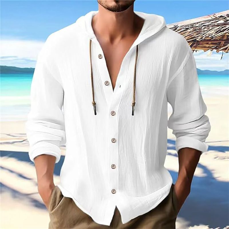 Men Cotton Linen Long Sleeve Button Down Shirt Summer Casual Hawaiian Beach Tops Lightweight Fashion Hoodies White S