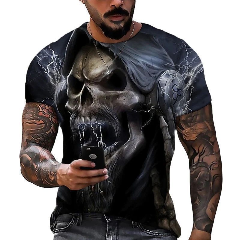 Amazon's best-selling skeleton digital printed 3D T-shirt on AliExpress, men's summer breathable short sleeved top made of cotton
