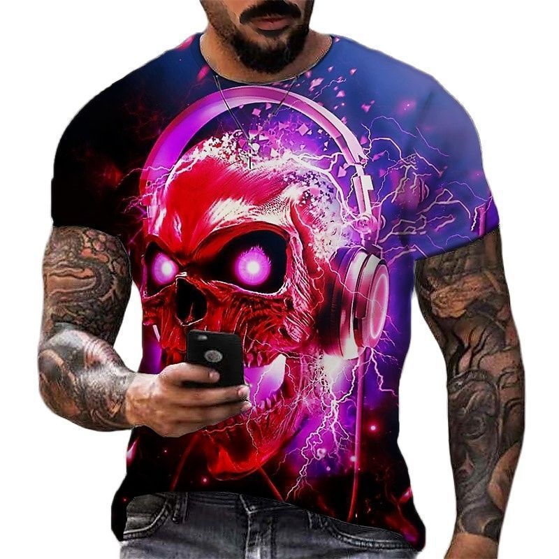 Amazon's best-selling skeleton digital printed 3D T-shirt on AliExpress, men's summer breathable short sleeved top made of cotton