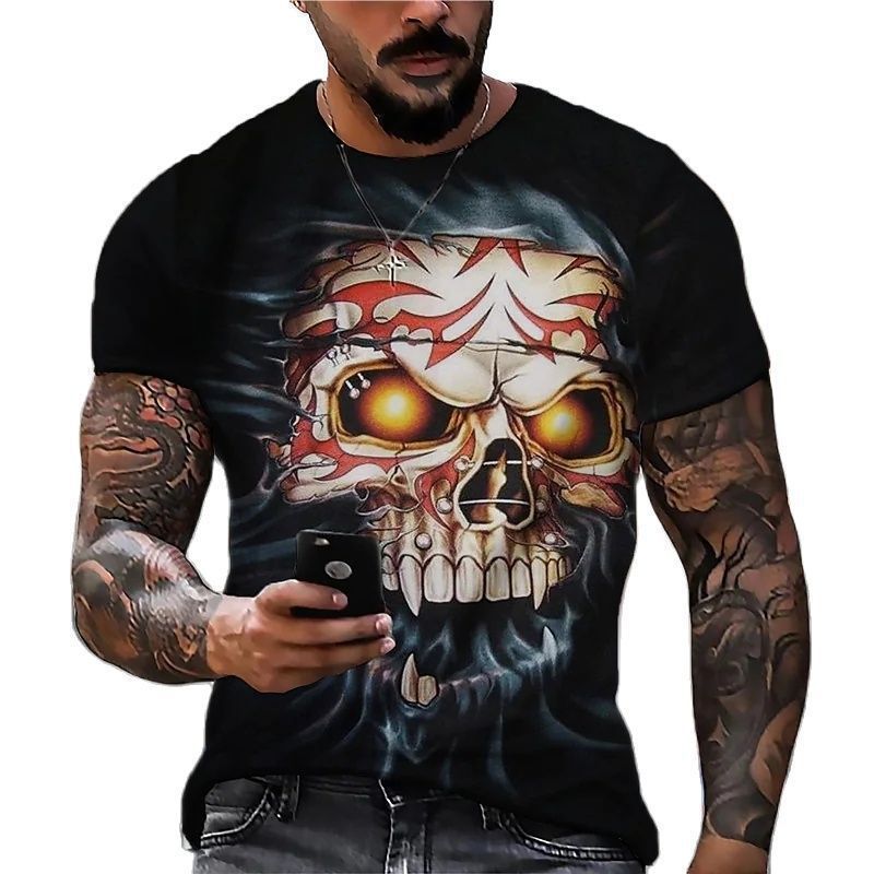 Amazon's best-selling skeleton digital printed 3D T-shirt on AliExpress, men's summer breathable short sleeved top made of cotton