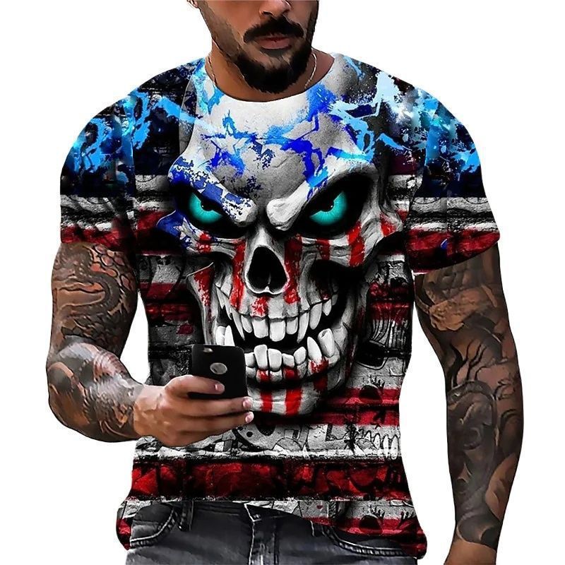Amazon's best-selling skeleton digital printed 3D T-shirt on AliExpress, men's summer breathable short sleeved top made of cotton