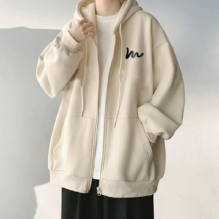 Creative American heavy weight student cardigan sweater men's autumn and winter new hooded jacket coat loose trend simple